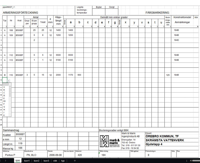 CPP Rebar schedule